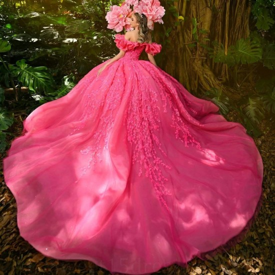 Off The Shoulder Rose Red Quinceanera Dress Applique Lace Tull Ball Gown vestidos para 15 vestido anos Sequined Birthday Prom