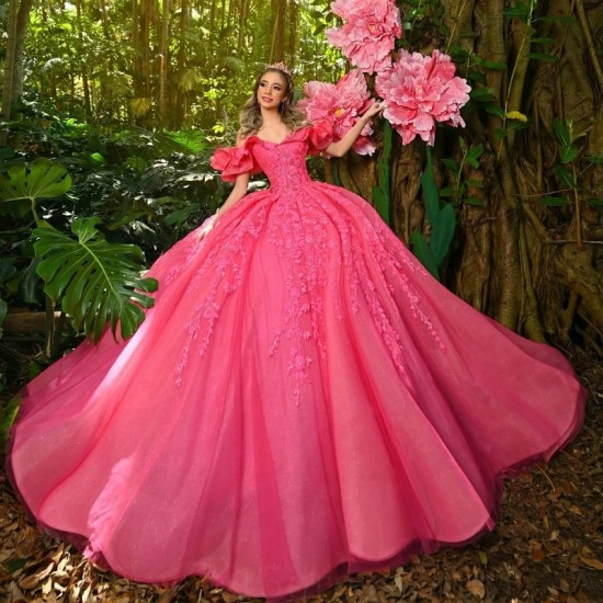 Off The Shoulder Rose Red Quinceanera Dress Applique Lace Tull Ball Gown vestidos para 15 vestido anos Sequined Birthday Prom