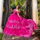 Off The Shoulder Rose Red Quinceanera Dresses Applique Lace Crystal Beads Sequined Ball Gown Corset Vestidos 15 Para XV Anos