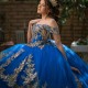 Off The Shoulder Royal Blue Shiny Ball Gown Quinceanera Dress Gold Appliques Lace Beading Corset Vestidos 15 De XV Anos