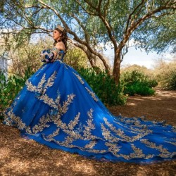 Off The Shoulder Royal Blue Shiny Ball Gown Quinceanera Dress Gold Appliques Lace Beading Corset Vestidos 15 De XV Anos