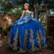 Off The Shoulder Royal Blue Shiny Ball Gown Quinceanera Dress Gold Appliques Lace Beading Corset Vestidos 15 De XV Anos