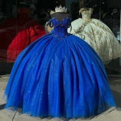 Off The Shoulder Royal Blue Shiny Quinceanera Dresses Appliques Beads Princess Sweet 16 Sparkly Ball Gown Party Dress