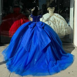 Off The Shoulder Royal Blue Shiny Quinceanera Dresses Appliques Beads Princess Sweet 16 Sparkly Ball Gown Party Dress