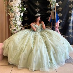 Off The Shoulder Sage Green Quinceanera Dresses Applique Lace Tull Birthday Party Prom Vestidos De 15 Anos Ball Gowns