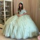 Off The Shoulder Sage Green Quinceanera Dresses Applique Lace Tull Birthday Party Prom Vestidos De 15 Anos Ball Gowns