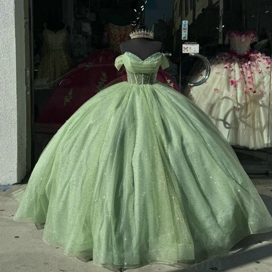 Off The Shoulder Sage Green Shiny Sweetheart 15 Quinceanera Dresses Evening Dresses Puffy Party Dress Crystal Beading Ball Gown