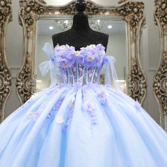 Off The Shoulder Sky Blue Ball Gown Quinceanera Dresses For Girls 3DFlower Beaded Birthday Party Gowns Lace Up Back Gradua