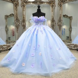 Off The Shoulder Sky Blue Ball Gown Quinceanera Dresses For Girls 3DFlower Beaded Birthday Party Gowns Lace Up Back Gradua