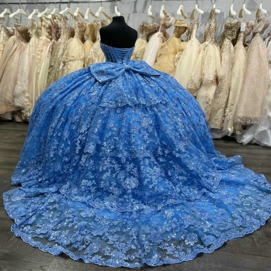 Off The Shoulder Sky Blue Quinceanera Dress Ball Gown Tulle Lace Applique Beads16th Birthday vestido de charra 15 anos