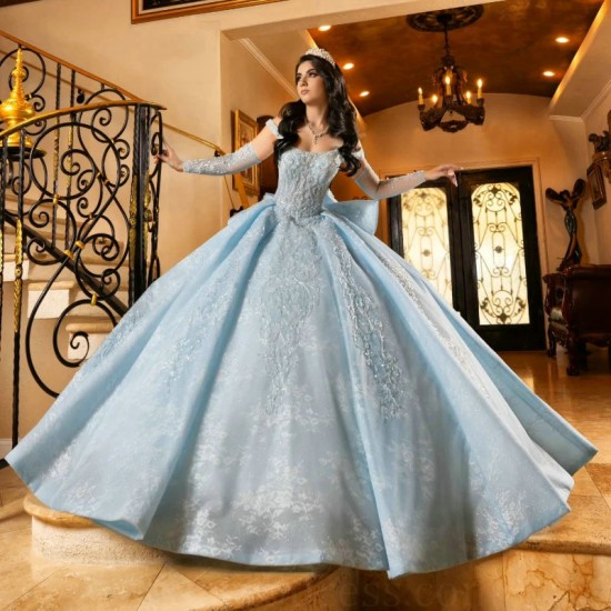 Off The Shoulder Sky Blue Quinceanera Dresses Applique Lace Tull Beads Princess Ball Gown XV Dresses vestidos de 15