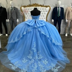 Off The Shoulder Sky Blue Shiny Quinceanera Dress Ball Gown Tulle Lace Applique 16th Birthday Debut vestido de charra 15 anos