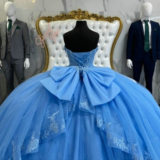 Off The Shoulder Sky Blue Shiny Quinceanera Dress Ball Gown Tulle Lace Applique 16th Birthday Debut vestido de charra 15 anos