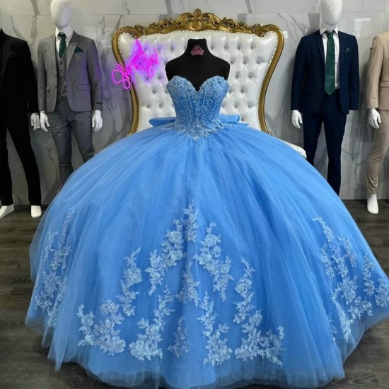 Off The Shoulder Sky Blue Shiny Quinceanera Dress Ball Gown Tulle Lace Applique 16th Birthday Debut vestido de charra 15 anos