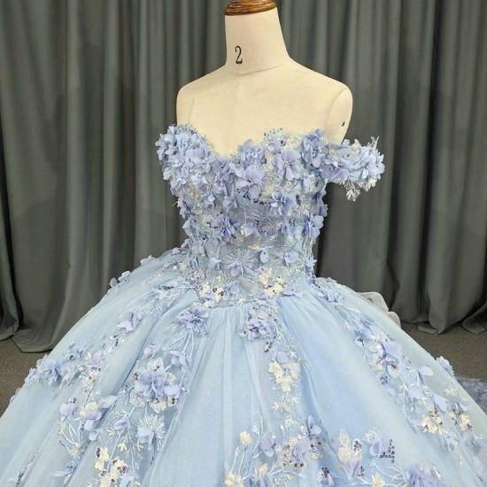 Off The Shoulder Sky Blue Vestido De XV Anos Quinceanera Dresses 2024 Sweet 15 Prom Gowns Applique Lace Beads Floral Pageant