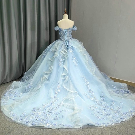 Off The Shoulder Sky Blue Vestido De XV Anos Quinceanera Dresses 2024 Sweet 15 Prom Gowns Applique Lace Beads Floral Pageant