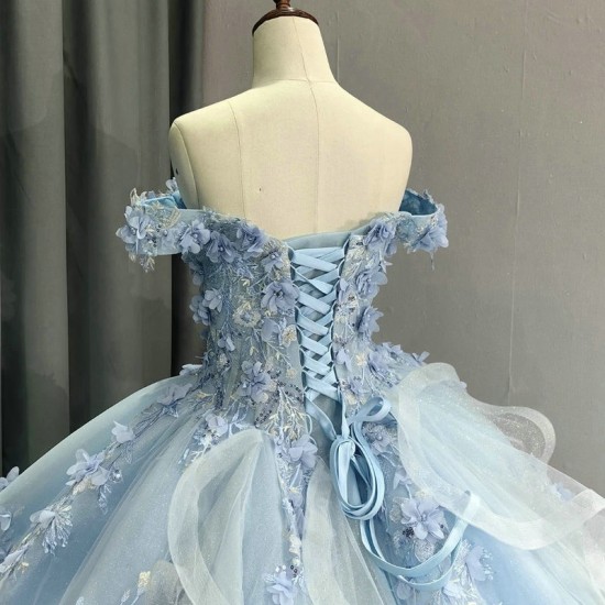 Off The Shoulder Sky Blue Vestido De XV Anos Quinceanera Dresses 2024 Sweet 15 Prom Gowns Applique Lace Beads Floral Pageant