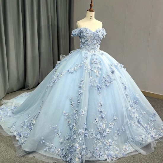 Off The Shoulder Sky Blue Vestido De XV Anos Quinceanera Dresses 2024 Sweet 15 Prom Gowns Applique Lace Beads Floral Pageant