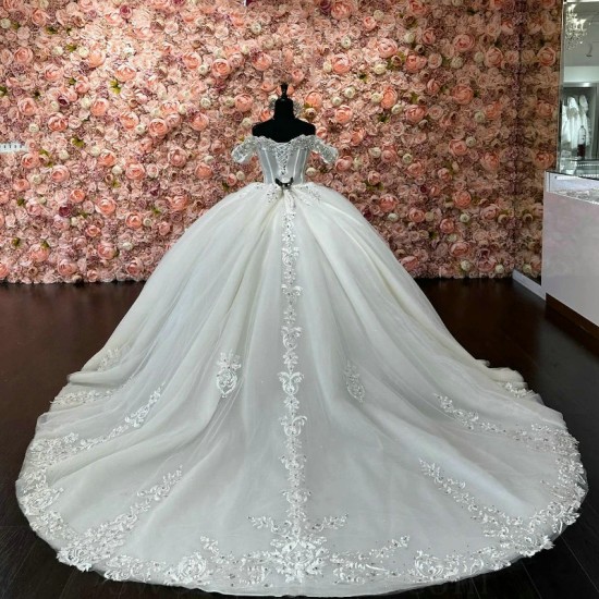 Off The Shoulder White Ball Gown Quinceanera Dresses Appliques Lace Beading Crystal Tull Corset Vestidos 15 Para XV Anos