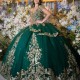 Off the Shoulder Beads Emerald Green Quinceanera Dresses For 16 Girl Gold Appliques Lace Princess Ball Gowns Birthday Prom