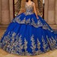 Off the Shoulder Blue Quinceanera Dresses Ball Gown Gold Appliques Lace Beaded Mexican Sweet 16 Dresses 15 Anos