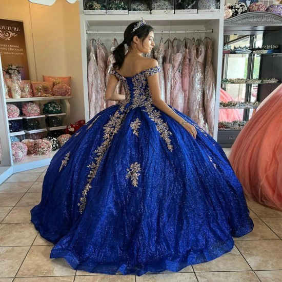 Off the Shoulder Blue Shiny Princess Quinceanera Dress Ball Gown Party Gown Gold Applique Beads Sweet 16 Birthday Dress vestidos