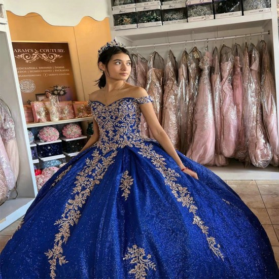 Off the Shoulder Blue Shiny Princess Quinceanera Dress Ball Gown Party Gown Gold Applique Beads Sweet 16 Birthday Dress vestidos