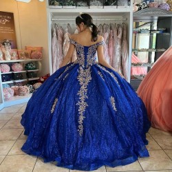 Off the Shoulder Blue Shiny Princess Quinceanera Dress Ball Gown Party Gown Gold Applique Beads Sweet 16 Birthday Dress vestidos