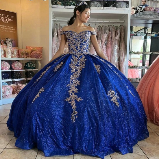 Off the Shoulder Blue Shiny Princess Quinceanera Dress Ball Gown Party Gown Gold Applique Beads Sweet 16 Birthday Dress vestidos