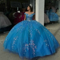 Off the Shoulder Blue Shiny Quinceanera Dresses 16 Year Girls Floral Applique Tull Women Prom Party Pageant Wear Vestido VX 15