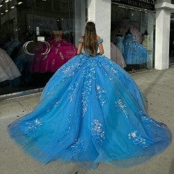 Off the Shoulder Blue Shiny Quinceanera Dresses 16 Year Girls Floral Applique Tull Women Prom Party Pageant Wear Vestido VX 15