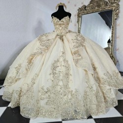 Off the Shoulder Champagne Quinceanera Dresses Lace Applique Tulle Ball Gown Birthday Party Sweet 16 Vestidos De 15 Anos