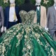 Off the Shoulder Emerald Green Ball Gown Quinceanera Dresses Sweet Gold Appliques Lace Beads Corset Prom Party Vestidos De 15