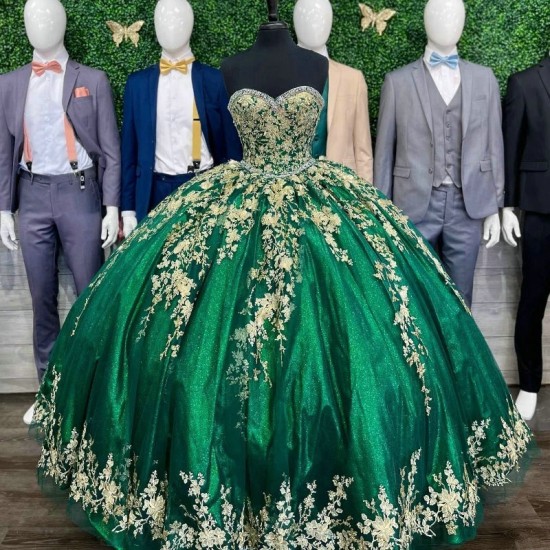 Off the Shoulder Emerald Green Ball Gown Quinceanera Dresses Sweet Gold Appliques Lace Beads Corset Prom Party Vestidos De 15