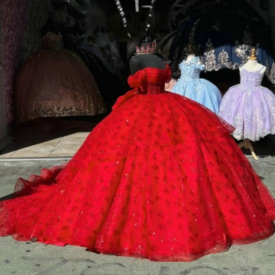 Off the Shoulder Glitter Red Quinceanera Dress Ball Gown Lace Beading Crystals Tull Sweet 16 Vestidos De 15 Anos