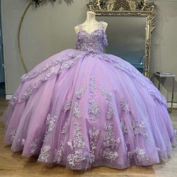 Off the Shoulder Lavender Sexy Ball Gown Quinceanera Dresses Applique Lace Crystal Beading Bow Tull Ribbons Corset Vestido De 15