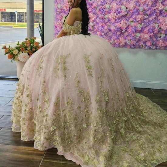 Off the Shoulder Pink Gillter Quinceanera Dresses Gold Bow Beads Tulle Lace Up Appliques Ball Gown Birthday Party Dress Vestidos