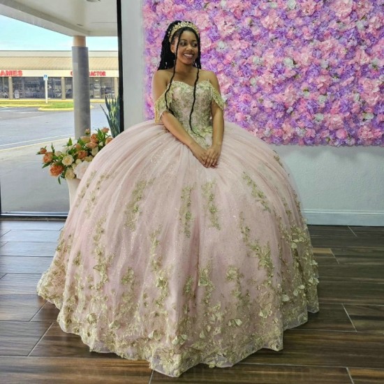 Off the Shoulder Pink Gillter Quinceanera Dresses Gold Bow Beads Tulle Lace Up Appliques Ball Gown Birthday Party Dress Vestidos