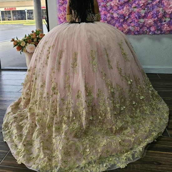 Off the Shoulder Pink Gillter Quinceanera Dresses Gold Bow Beads Tulle Lace Up Appliques Ball Gown Birthday Party Dress Vestidos