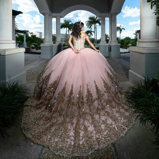 Off the Shoulder Pink Quinceanera Dress 2024 Gold Applique Lace Beading Vestidos Prom Vestidos De Baile Gown Sweet 15