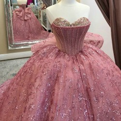 Off the Shoulder Pink Sequined Ball Gown Quinceanera Dress Corset Lace Beads Crystal Sweet 16 Dress Vestidos De XV Anos 15