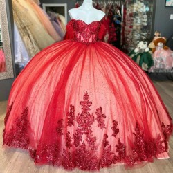 Off the Shoulder Red Quinceanera Dresses Lace Applique Beads Tulle Ball Gown Birthday Party Sweet 16 Vestidos De 15 Anos