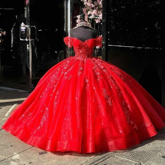 Off the Shoulder Red Quinceanera Dresses Princess Sweet 16 Years Girl Birthday Party Dresses Appliques Lace Beads Vestidos