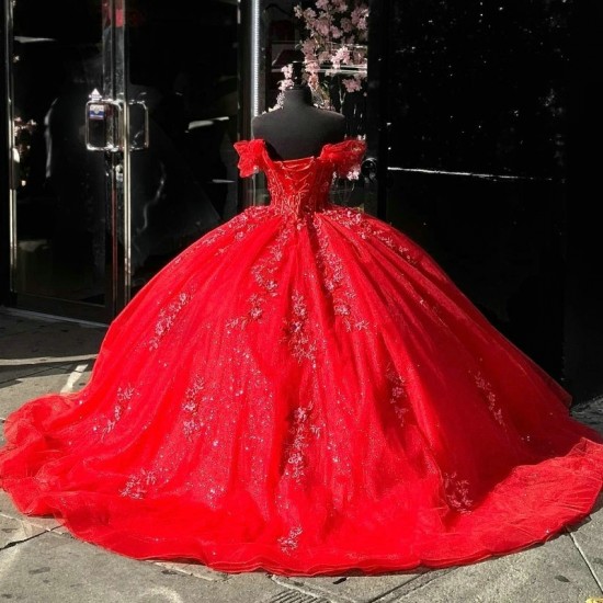 Off the Shoulder Red Quinceanera Dresses Princess Sweet 16 Years Girl Birthday Party Dresses Appliques Lace Beads Vestidos