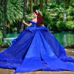 Off the Shoulder Royal Blue Quinceanera Dress Ball Gown Tulle Luxury Quinceanera Gown Sheer Applique Lace Beads Girl Sweet 16