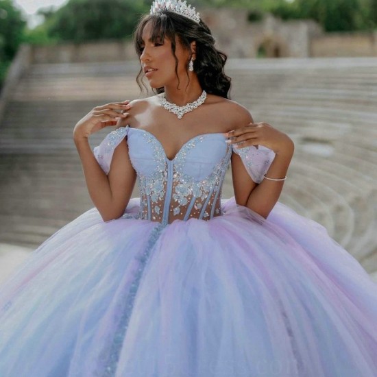 Off the Shoulder Sky Blue Quinceanera Dresses Sequins Lace Applique Sweet 16 Ball Gown Vestido De 15 Anos Lace-Up