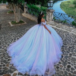 Off the Shoulder Sky Blue Quinceanera Dresses Sequins Lace Applique Sweet 16 Ball Gown Vestido De 15 Anos Lace-Up