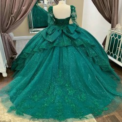 Off the shoulder Emerald Green Quinceanera Dresses Applique Lace Beaded Bridesmaid Dress Lace Up Prom Dress Ball Gown vestidos