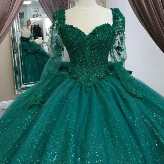 Off the shoulder Emerald Green Quinceanera Dresses Applique Lace Beaded Bridesmaid Dress Lace Up Prom Dress Ball Gown vestidos