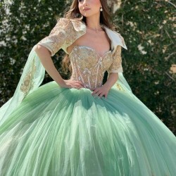 Princess Green Square Neck Ball Gown Quinceanera Dresses Celebrity Party Gowns Beaded Gold Appliques Lace Tull Vestido 15 De